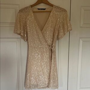 Elegant Cream Sequin Wrap Dress